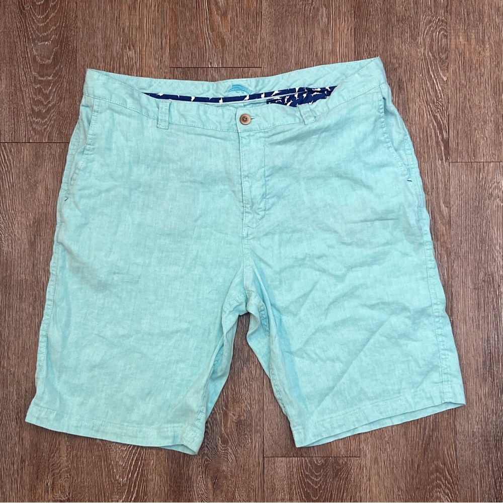 Tommy Bahama Linen Blend Chino Shorts Seafoam Teal Marlin Zip | Size: 40